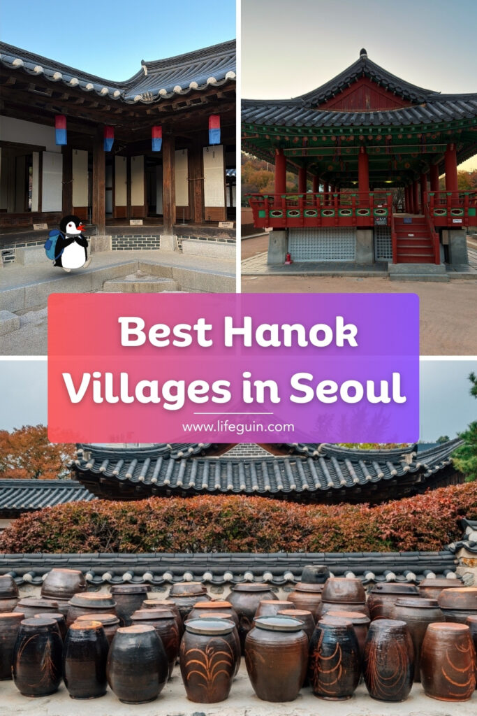 Mascot penguin Miško in a collage of traditional Hanok villages in Seoul