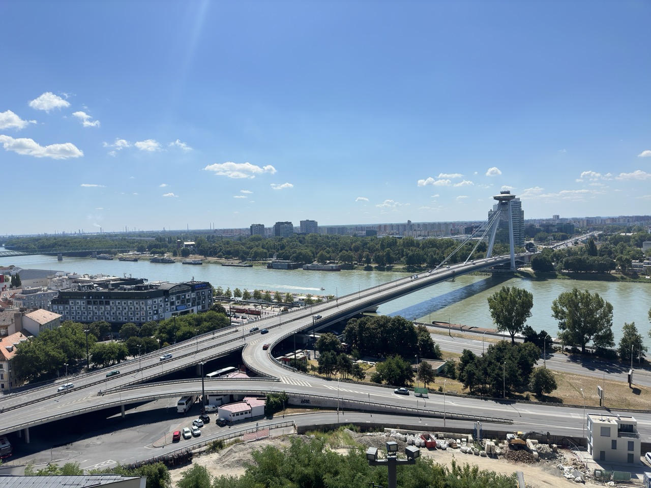 Aerial view of the Most SNP bridge crossing the Danube River in Bratislava