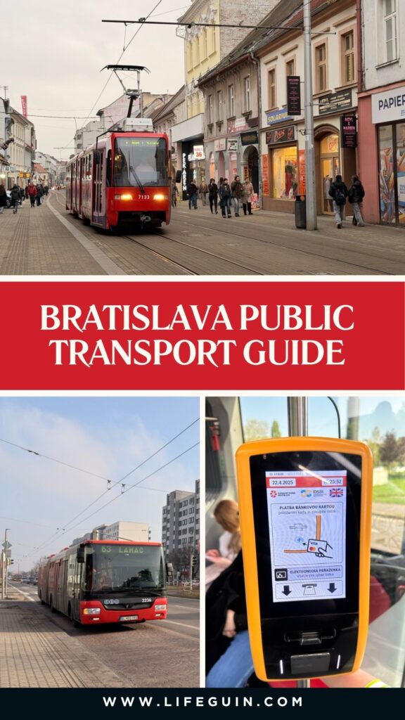 Red tram and bus in Bratislava with a digital ticket payment terminal