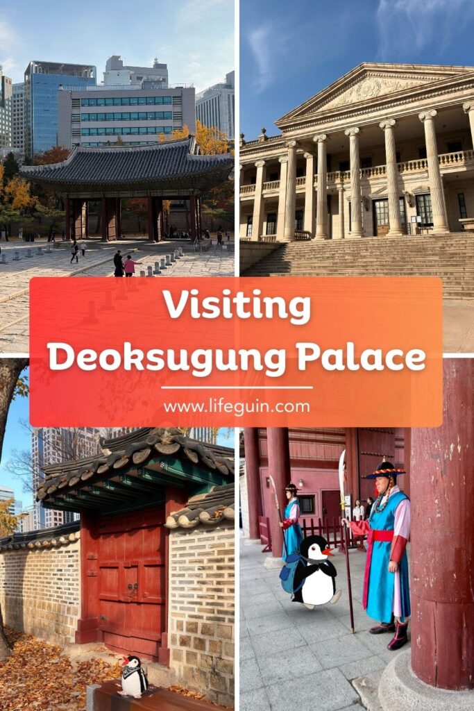 A collage of traditional and Western-style architecture at Deoksugung Palace with Miško the penguin