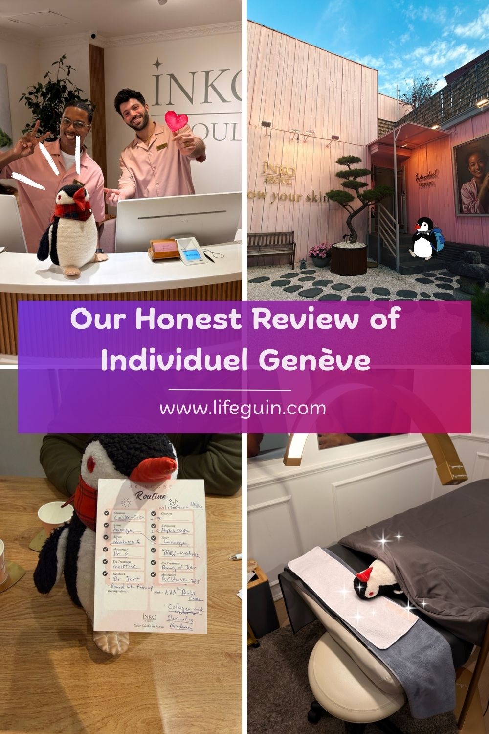 Collage featuring Miško the penguin at Individuel Genève, showing staff, exterior, and a skincare checklist