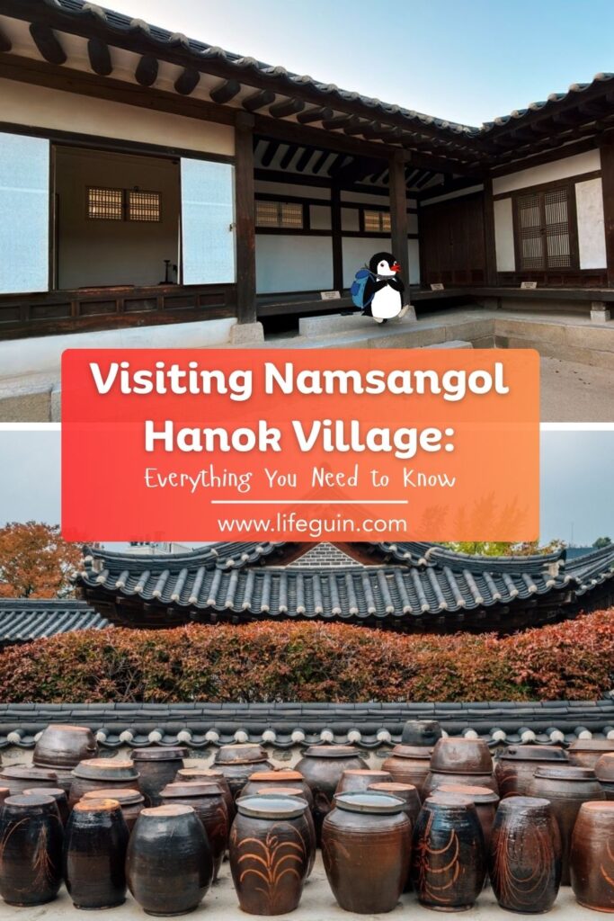 Namsangol Hanok Village pin graphic featuring cartoon penguin Miško and travel guide text