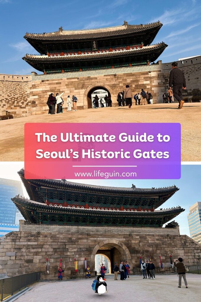 A collage showing two different historic gates in Seoul with a cartoon penguin mascot