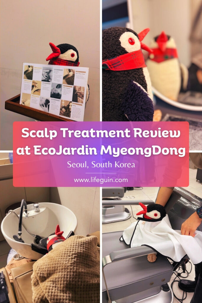 A plush penguin mascot experiences a scalp treatment process at EcoJardin in Seoul