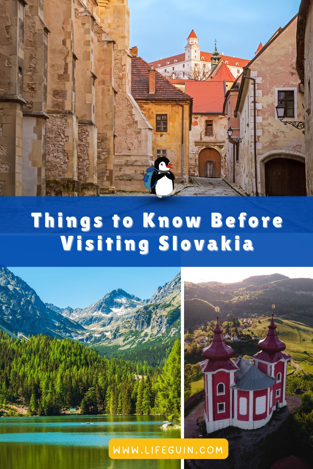 Historic streets, mountain lakes, and a red-roofed church showcase the beauty of Slovakia