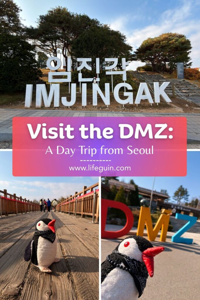 A plush penguin visits the Imjingak park and the DMZ near Seoul