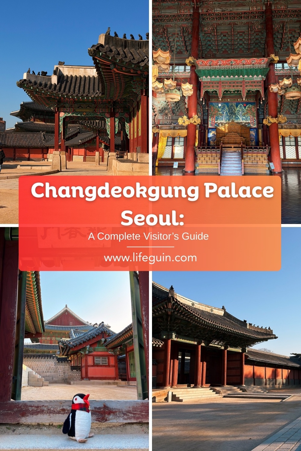 Changdeokgung Palace guide pin featuring plush penguin Miško and traditional Korean architecture