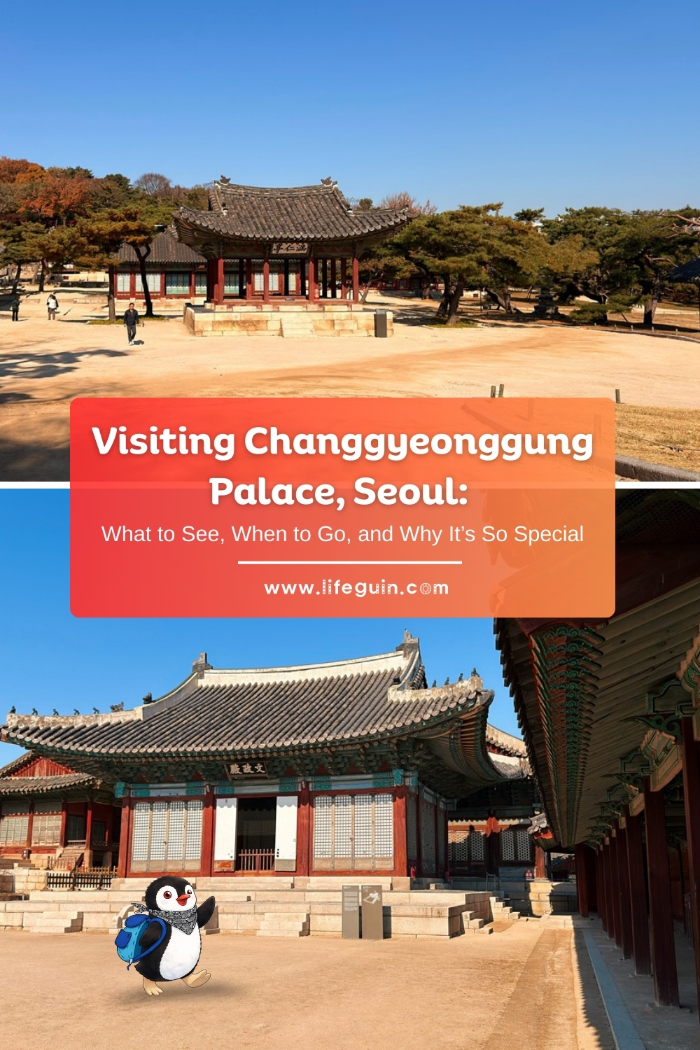 A graphic collage of Changgyeonggung Palace in Seoul featuring the penguin mascot Miško
