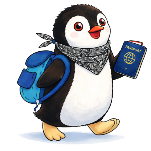 Cartoon penguin mascot Miško wearing a bandana and backpack while holding a passport