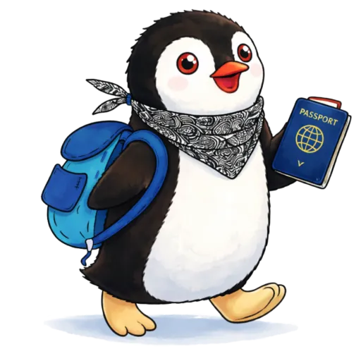 Cartoon penguin mascot Miško wearing a bandana and backpack while holding a passport