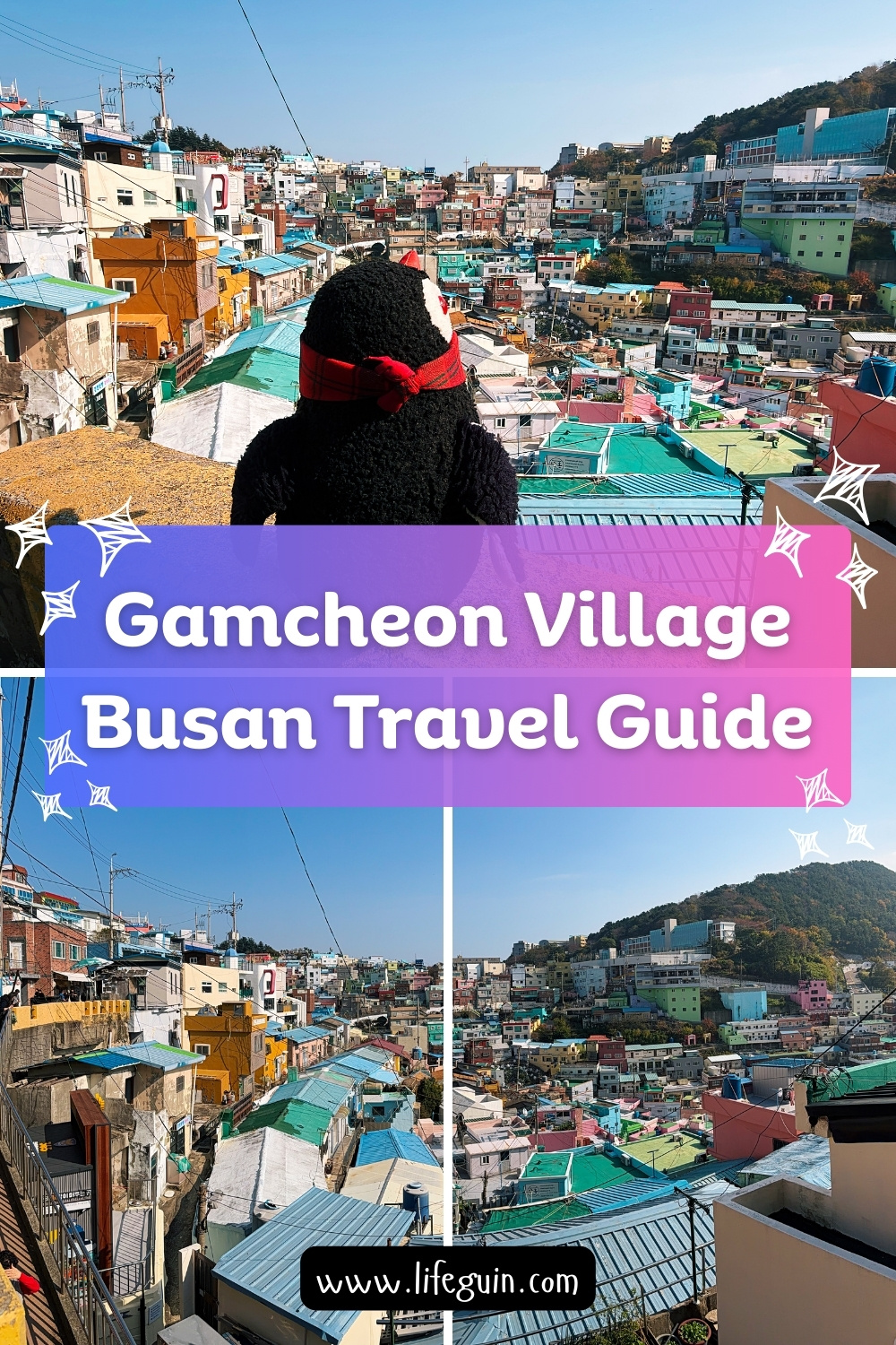 A plush penguin overlooks the colorful hillside houses of Gamcheon Village Busan
