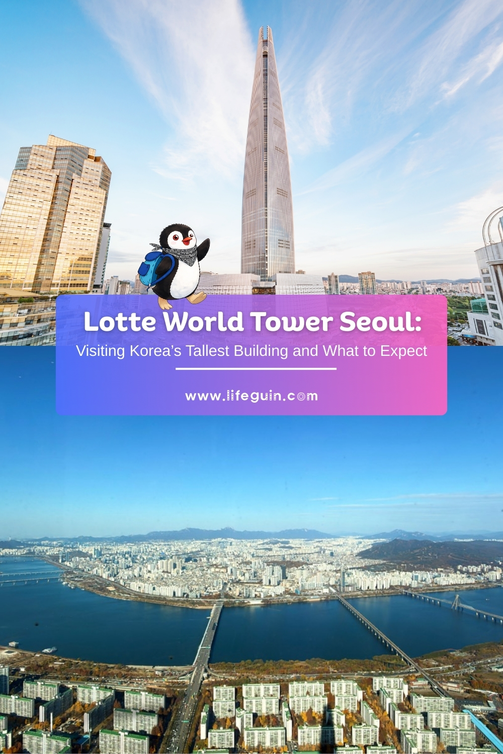 A blog graphic promoting Lotte World Tower Seoul featuring the penguin mascot Miško