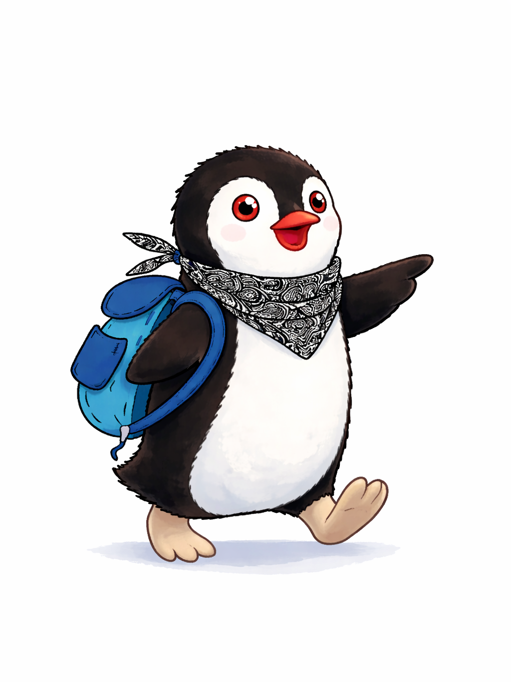 Cute cartoon penguin wearing a bandana and blue backpack walking while pointing forward
