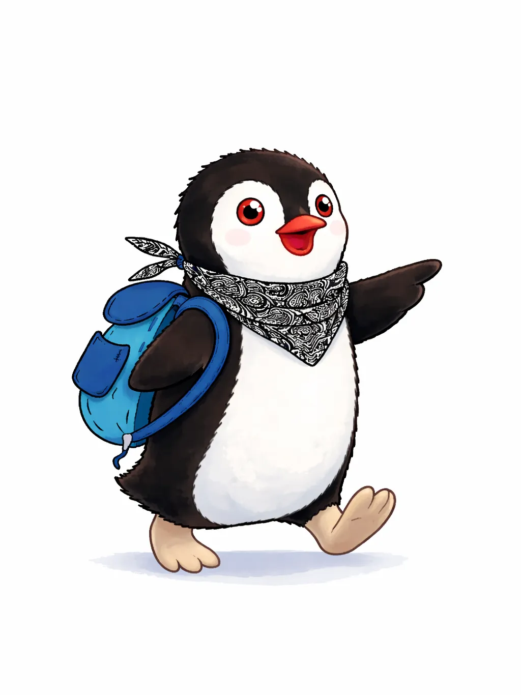 Cute cartoon penguin wearing a bandana and blue backpack walking while pointing forward