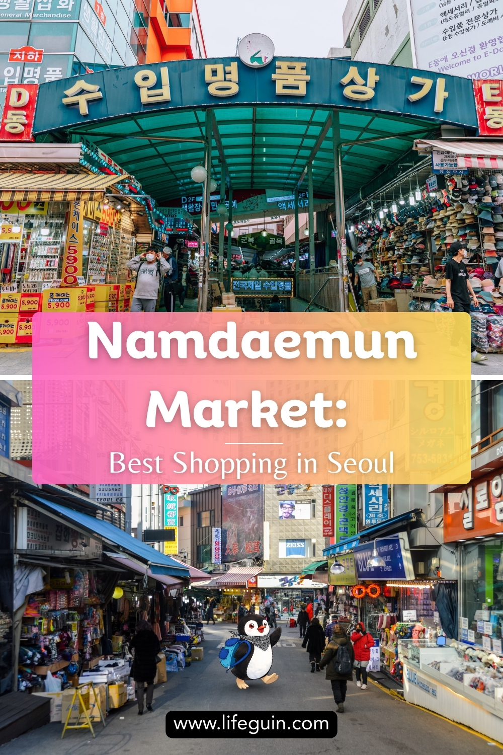 Busy street scenes and shop entrances at the vibrant Namdaemun Market in Seoul