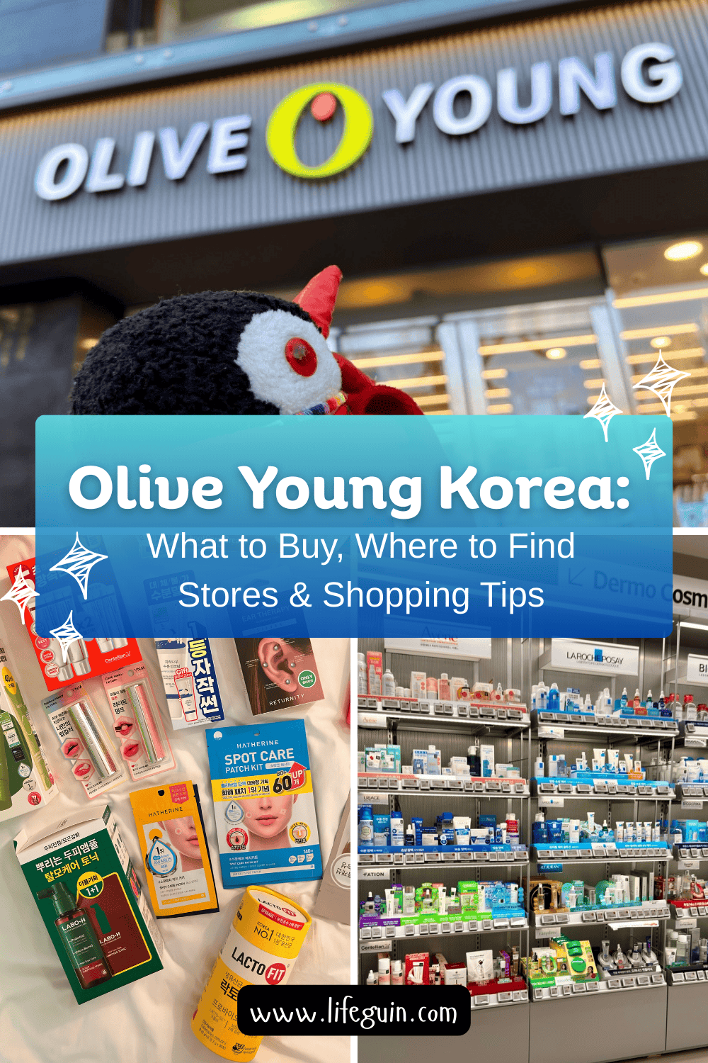Olive Young Korea shopping guide banner featuring the penguin mascot Miško and skincare products