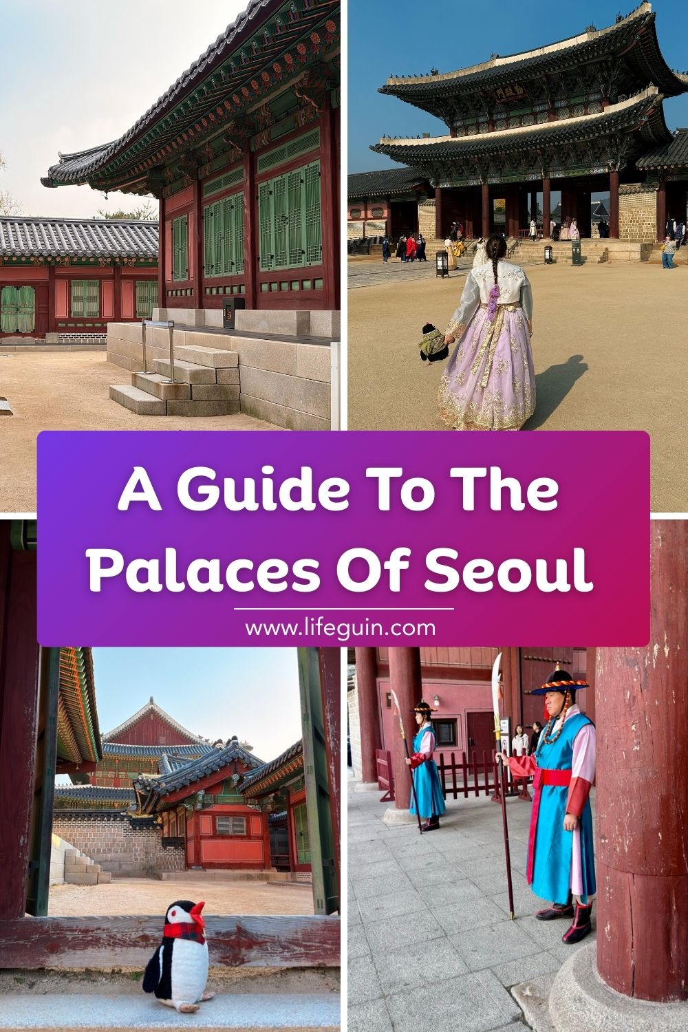 Collage promoting a guide to Seoul palaces, featuring Miško the penguin plush toy