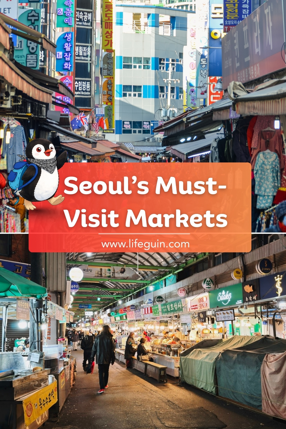 Seoul markets banner featuring the penguin mascot Miško promoting Seoul's Must-Visit Markets