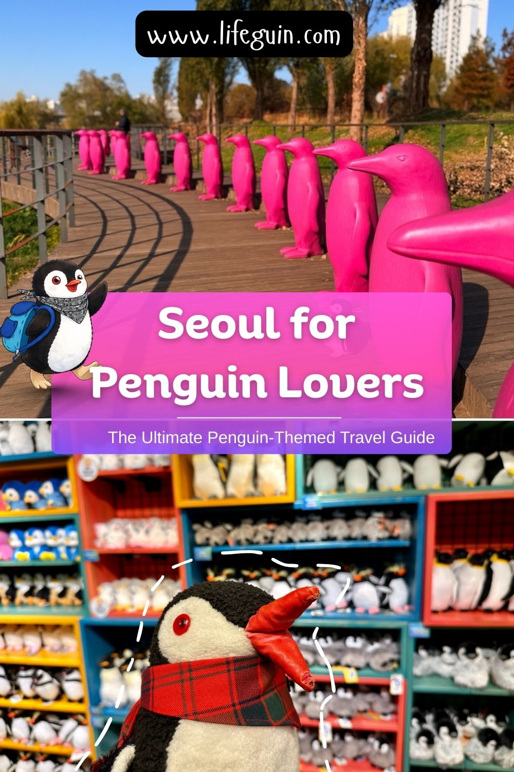 Bright pink penguin statues line a Seoul boardwalk above shelves of plush penguin toys