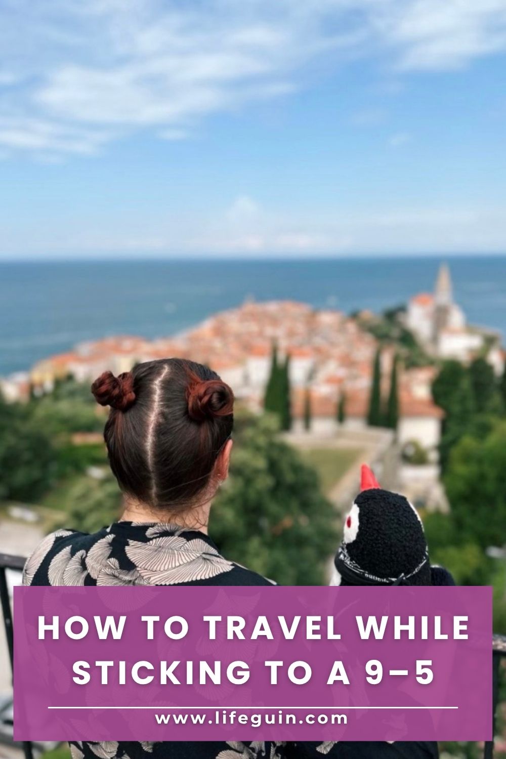 Graphic promoting travel while sticking to a 9–5, featuring a woman and toy penguin