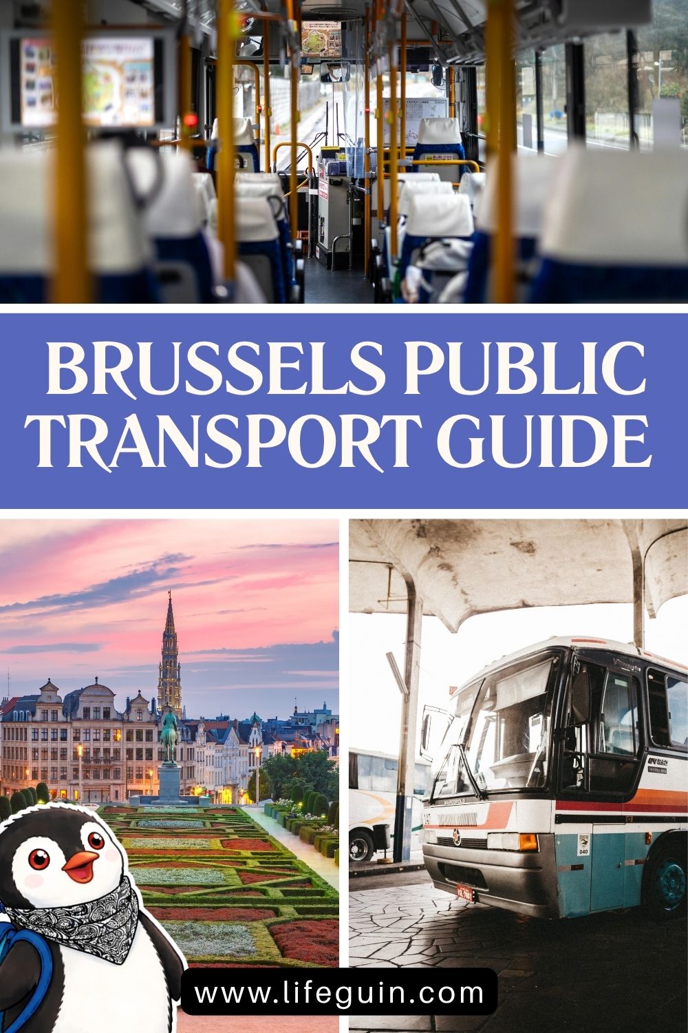Interior of a bus, the Brussels skyline at sunset, and a parked bus