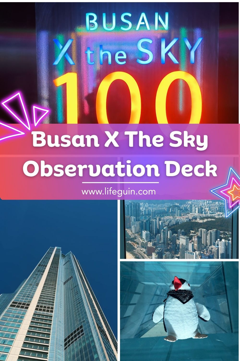 Collage showing the Busan X the Sky skyscraper, city views, and a penguin mascot