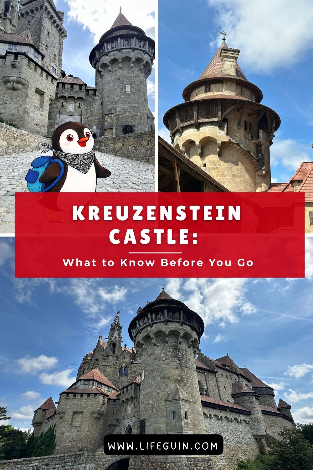 A cartoon penguin visits the stone towers and courtyards of Kreuzenstein Castle