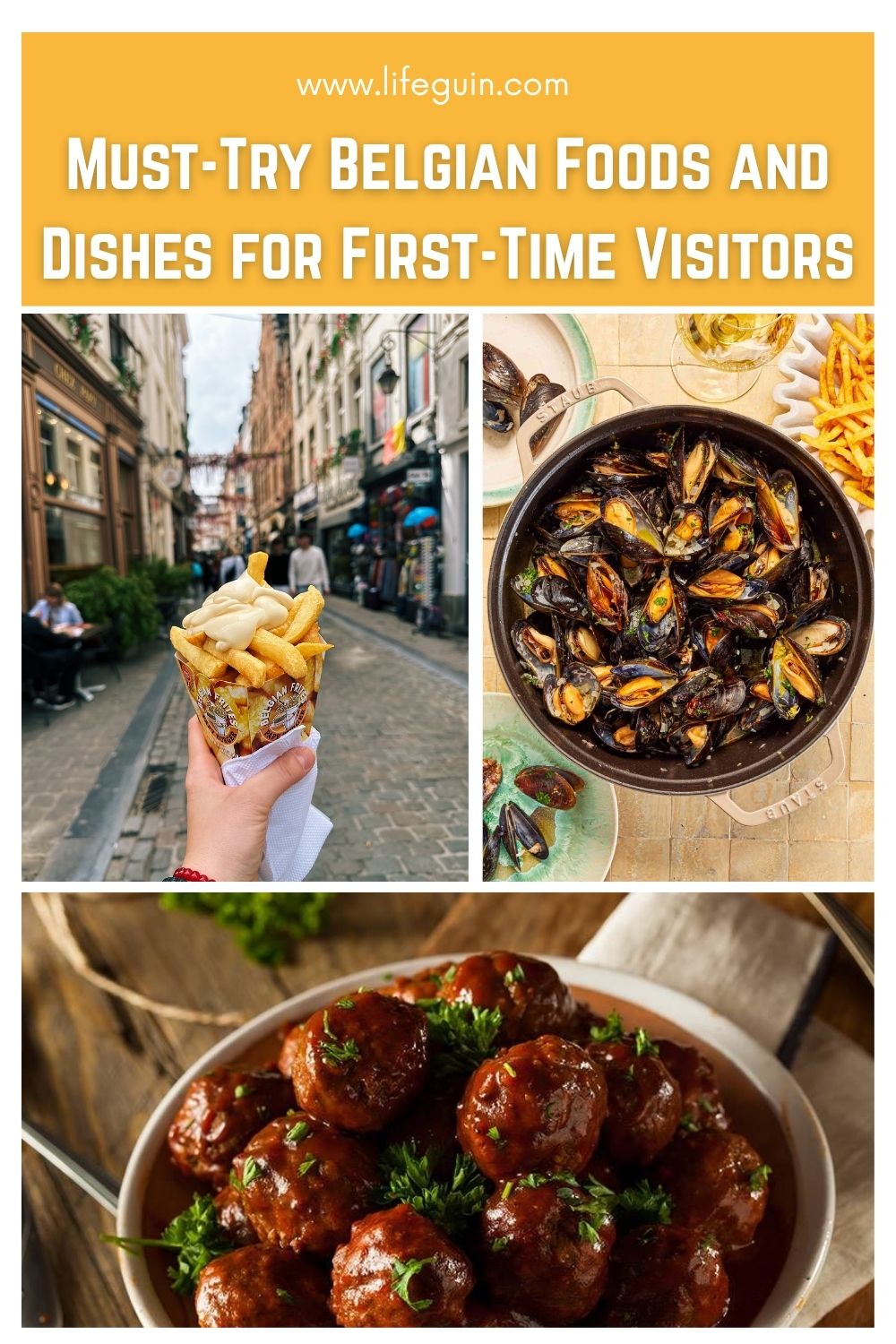 A hand holds Belgian fries on a street alongside bowls of mussels and meatballs