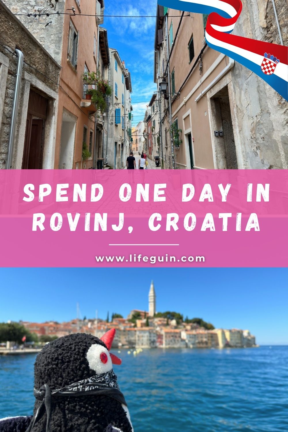 A plush penguin looking at the coastal historic town of Rovinj, Croatia