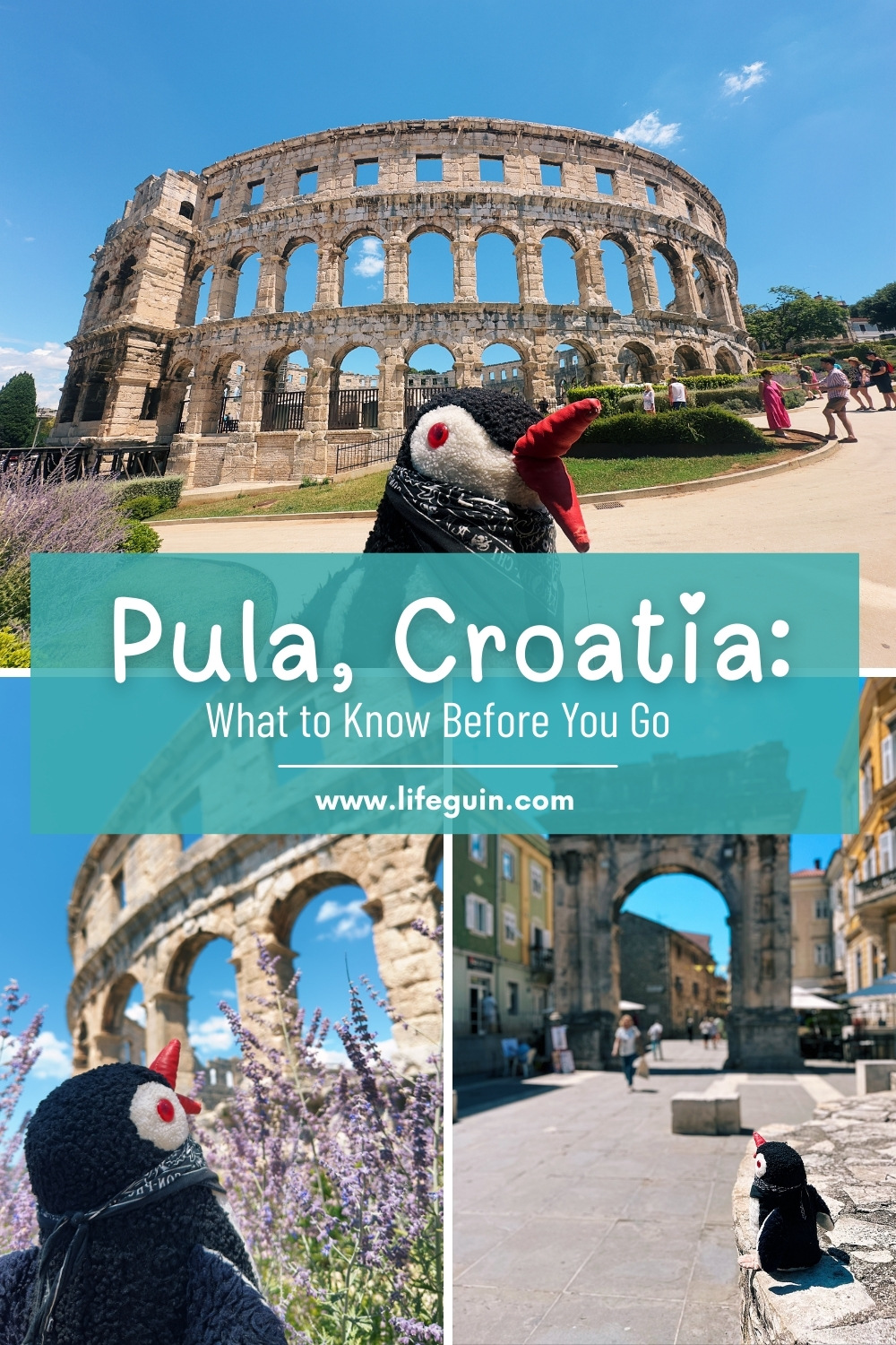 A plush penguin toy visits the ancient Roman amphitheater in Pula Croatia
