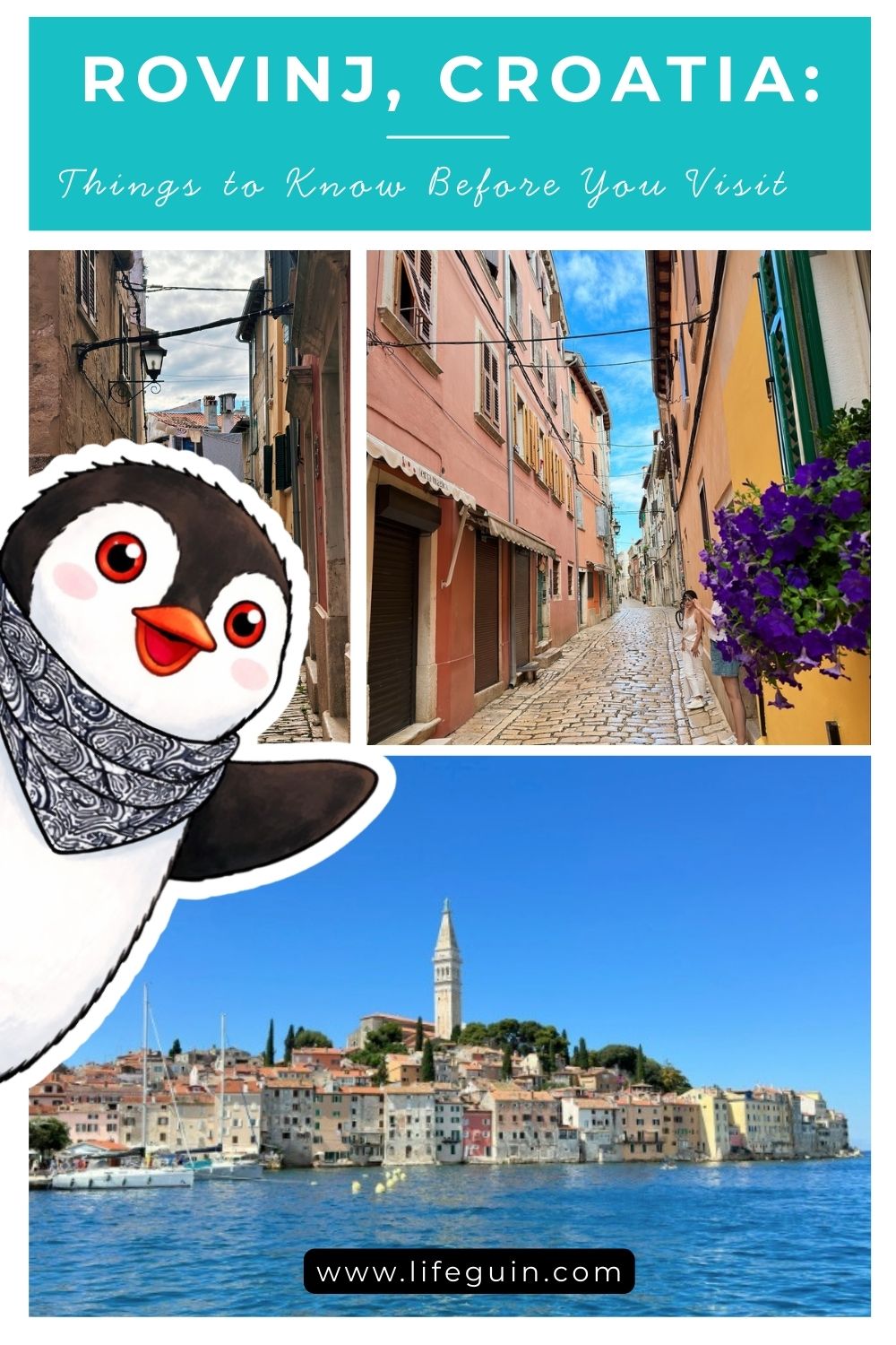 Rovinj, Croatia travel collage with narrow streets, the old town and a cartoon penguin
