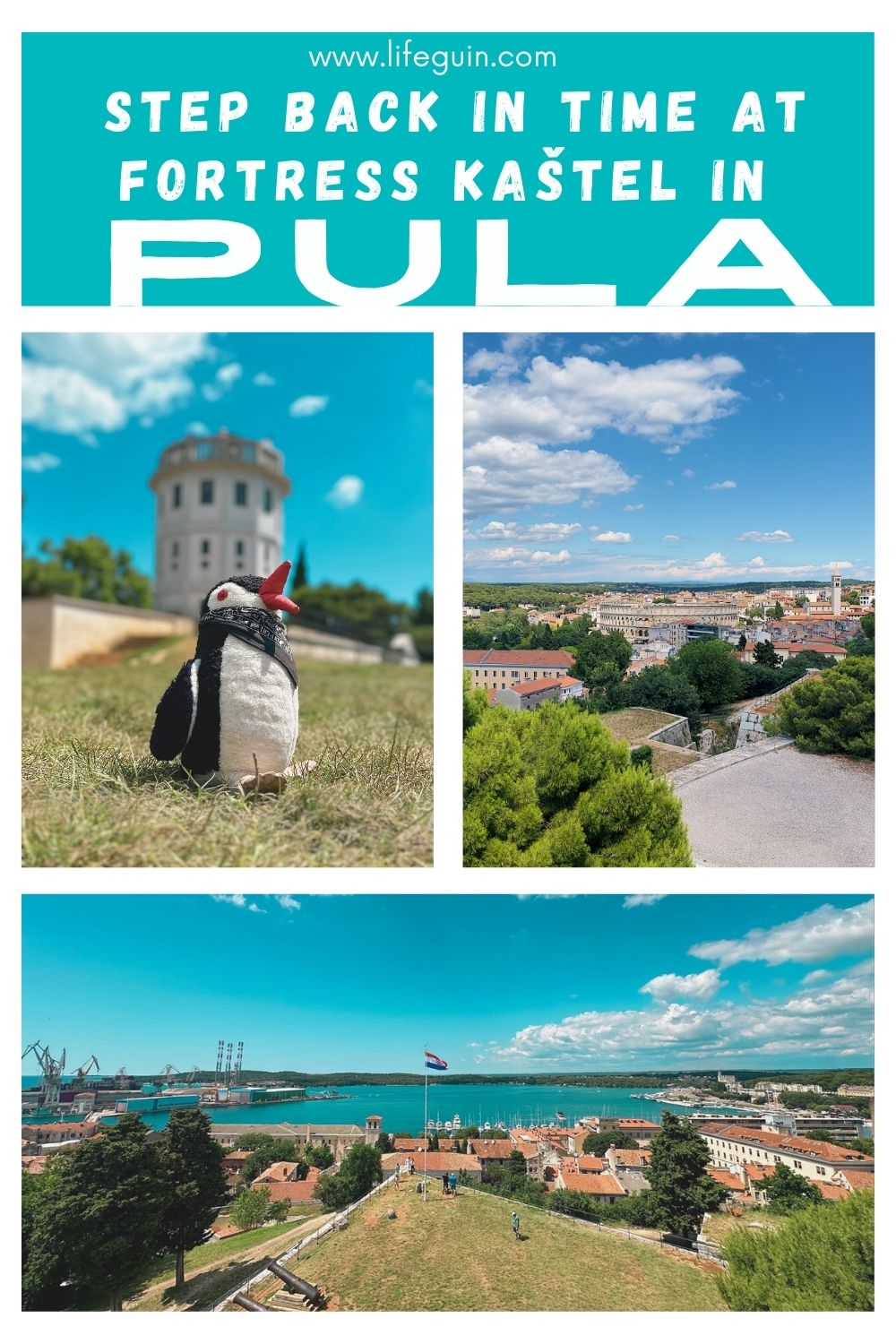 A travel pin graphic featuring Miško the penguin at Fortress Kaštel in Pula