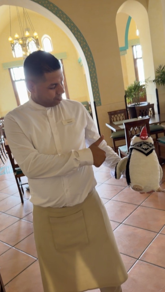 A waiter in a white shirt holds a stuffed penguin toy