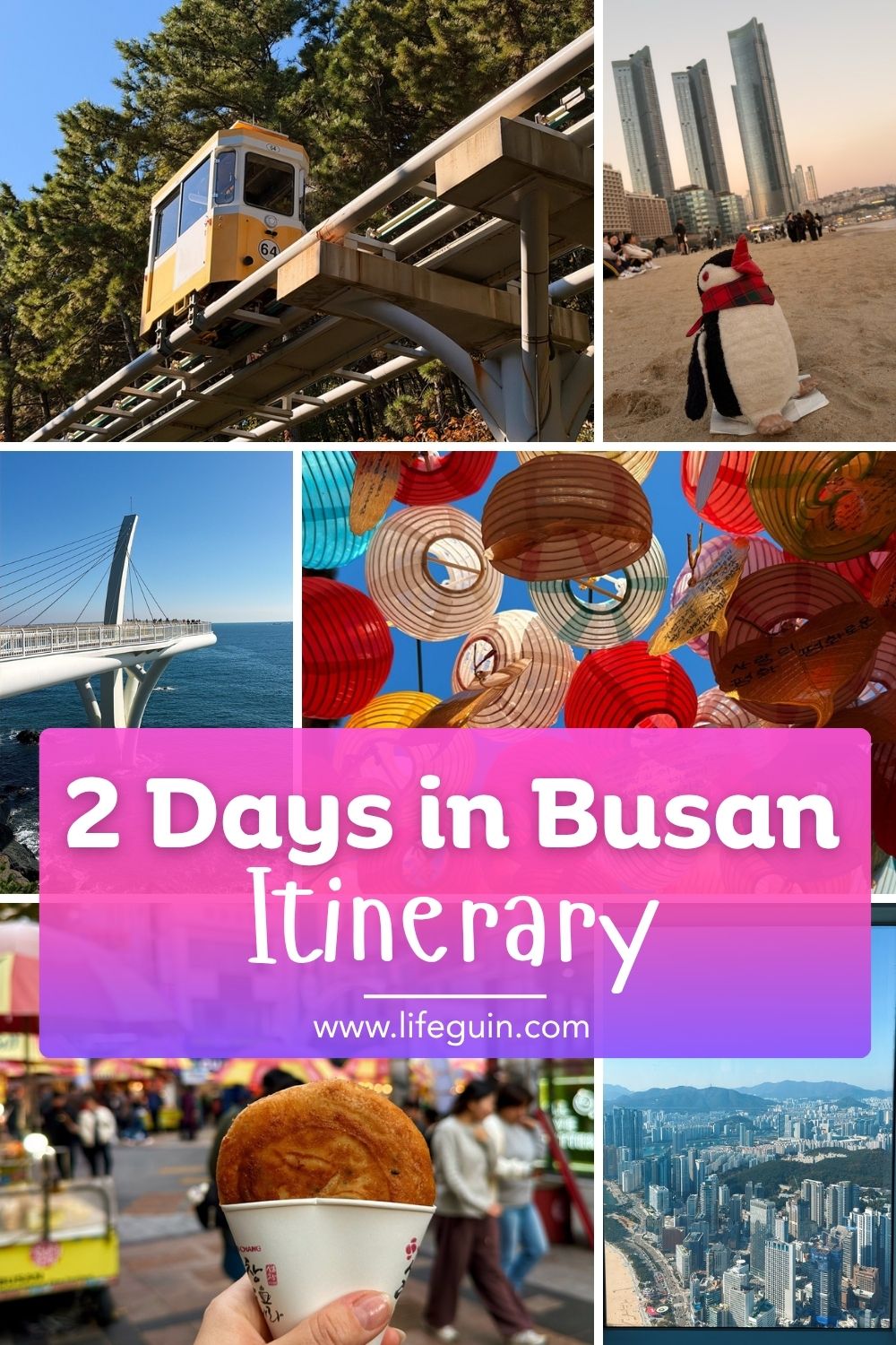 Collage of Busan landmarks including the sky capsule, Haeundae Beach, and colorful lanterns