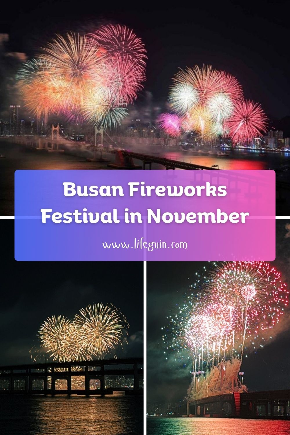 Vibrant fireworks illuminate the night sky over the Gwangan Bridge during the Busan Fireworks Festival