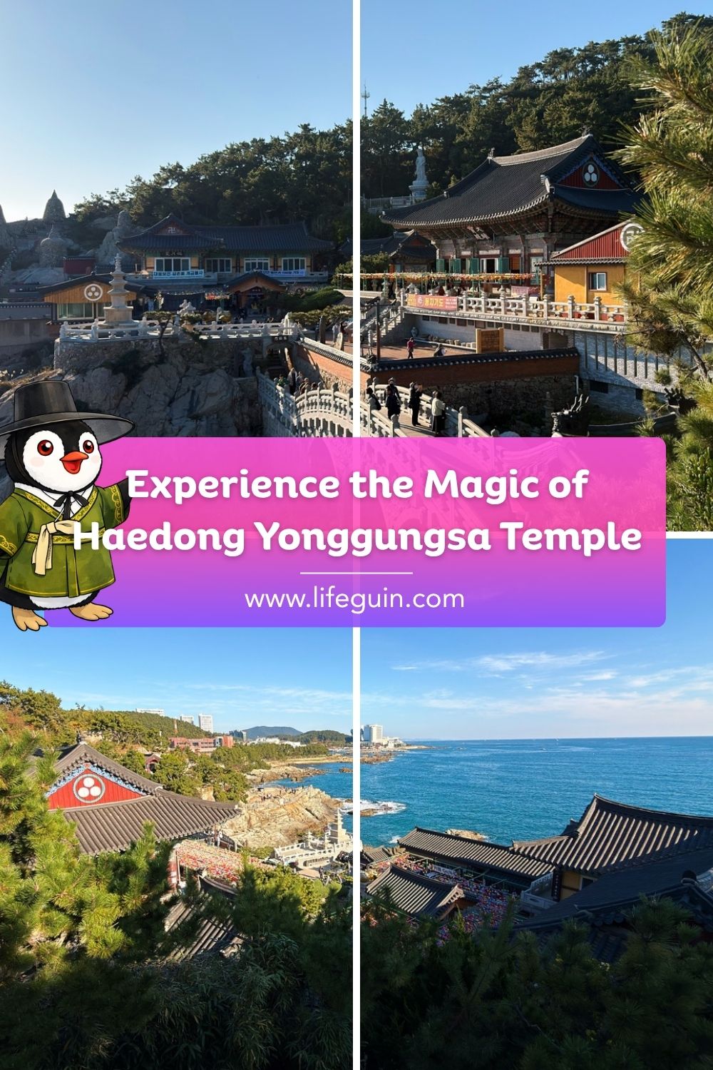 Travel graphic featuring Haedong Yonggungsa Temple and the penguin mascot Miško in Korean hanbok