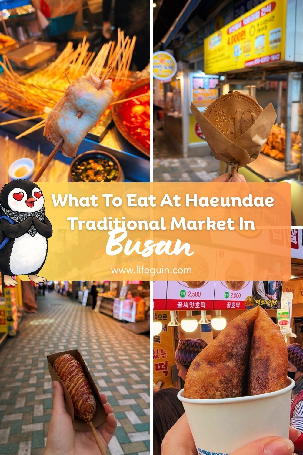 Collage of various Korean street foods sold at Haeundae Traditional Market