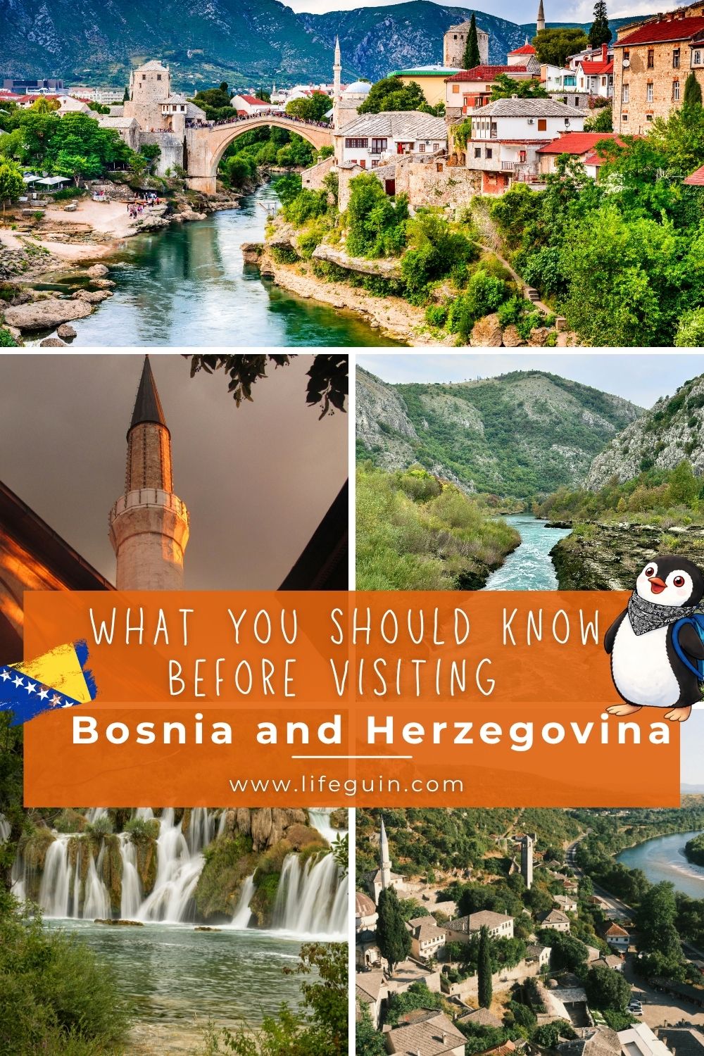 Scenic collage featuring the Stari Most bridge, waterfalls, and landscapes in Bosnia and Herzegovina