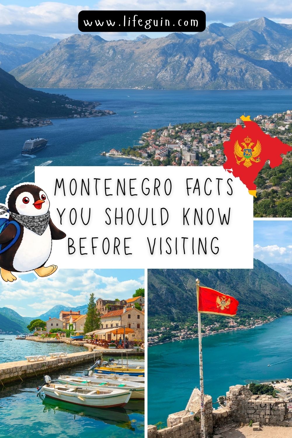Collage of Montenegro landscapes featuring a cartoon penguin and travel text overlay