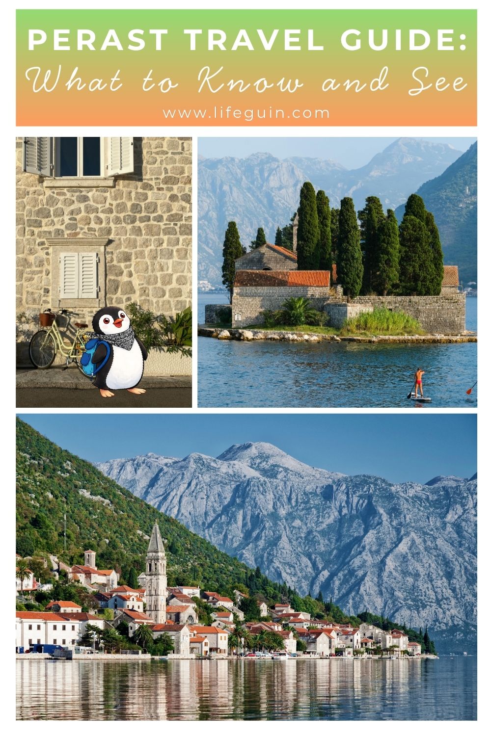 Perast travel guide collage featuring the coastal town, Saint George island, and penguin mascot Miško