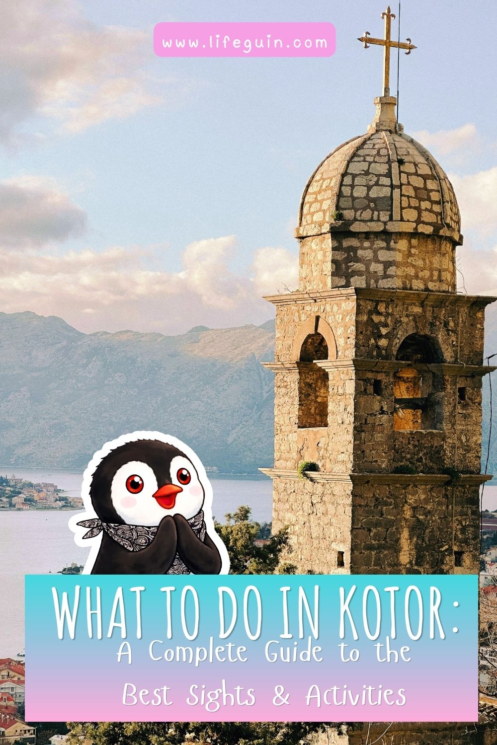 A cartoon penguin stands before a stone bell tower overlooking the Kotor bay