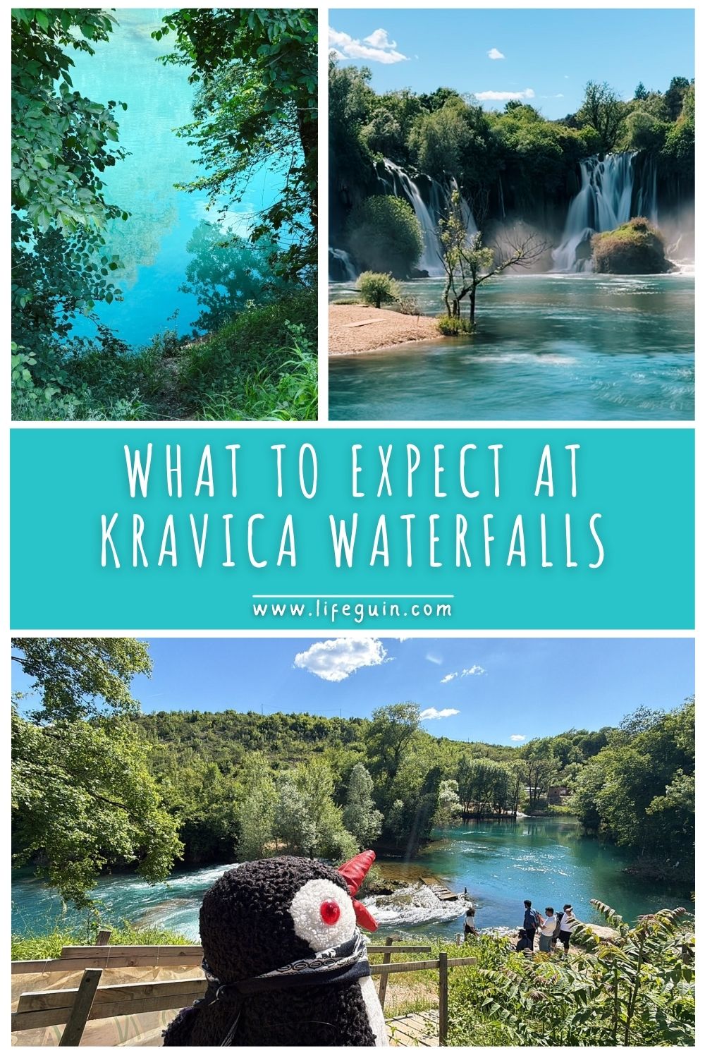 Collage showing scenic views and a plush toy at Kravica Waterfalls