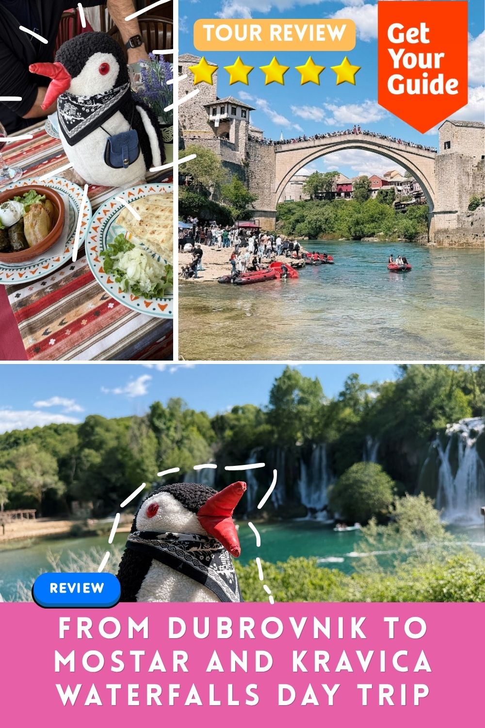 A plush penguin visits the Mostar bridge and Kravica waterfalls on a day trip