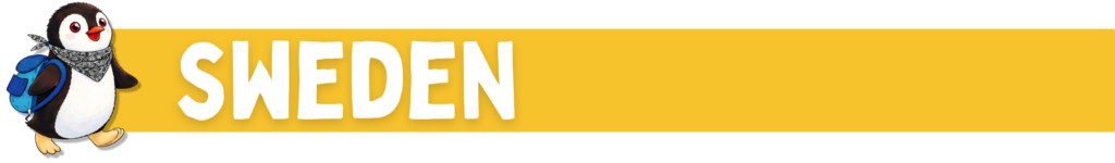 A cartoon penguin with a backpack stands next to the word Sweden on yellow background