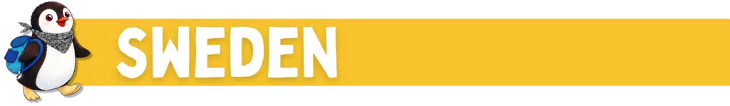 A cartoon penguin with a backpack stands next to the word Sweden on yellow background