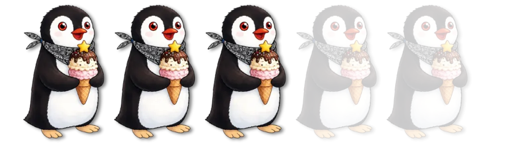 Three colorful penguins holding ice cream cones with two faded penguins beside them