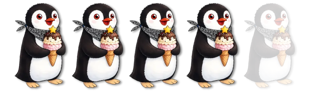Four cute penguins holding ice cream cones with one faded penguin beside them