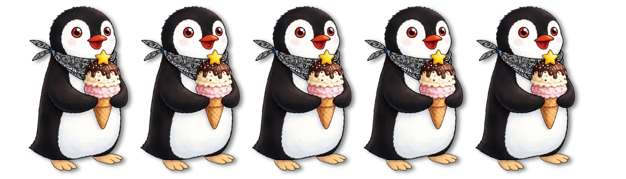 Five identical cartoon penguins wearing bandanas and holding ice cream cones in Bratislava
