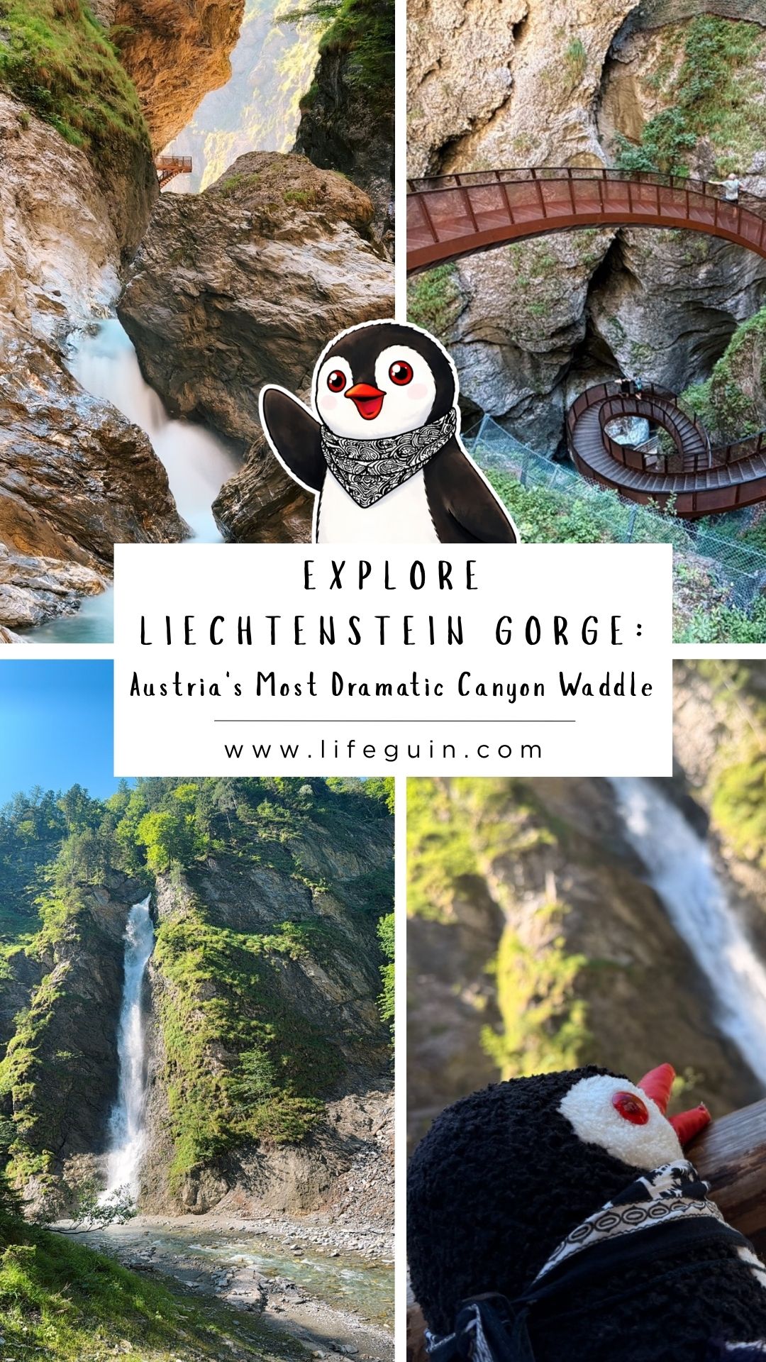 Travel graphic for Liechtenstein Gorge in Austria featuring photos of waterfalls and the mascot penguin Miško