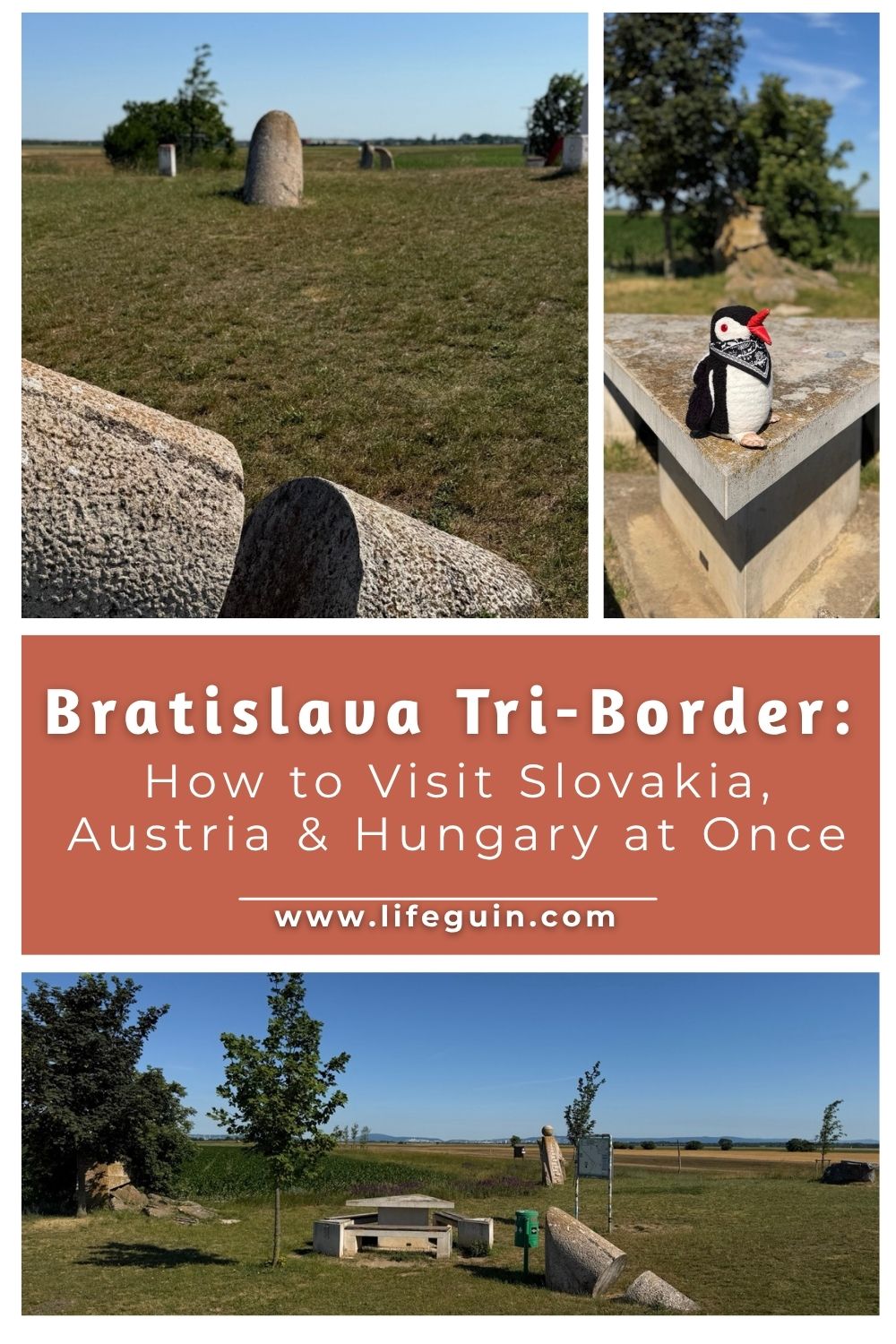 Collage of the Bratislava Tri-Border with stone markers, plush penguin, and title text overlay
